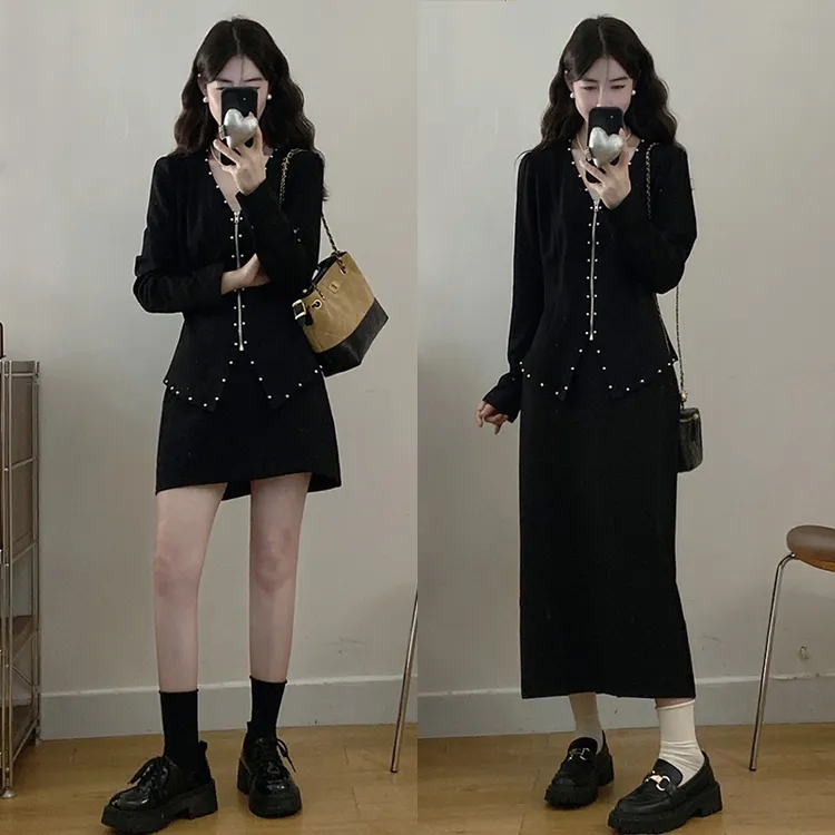 大码胖mm女装秋季珍珠拉链外套黑色显瘦a字半身裙两件套装女