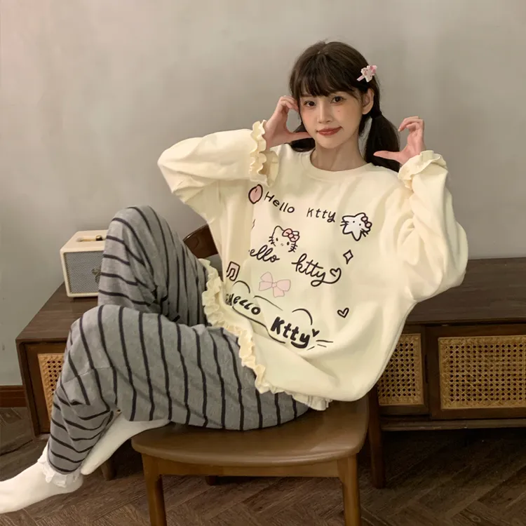 春秋款保暖德绒睡衣女圆领套头长袖长裤蕾丝卡通套装家居服甜美in