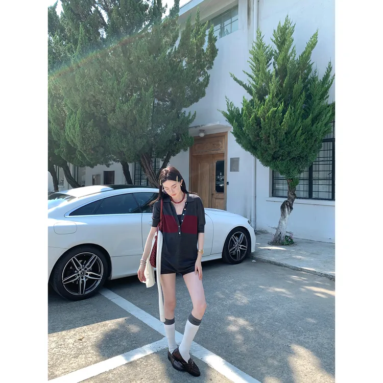 区区欧阳撞色polo领天丝连衣裙女夏季新款设计感小众短袖复古裙子