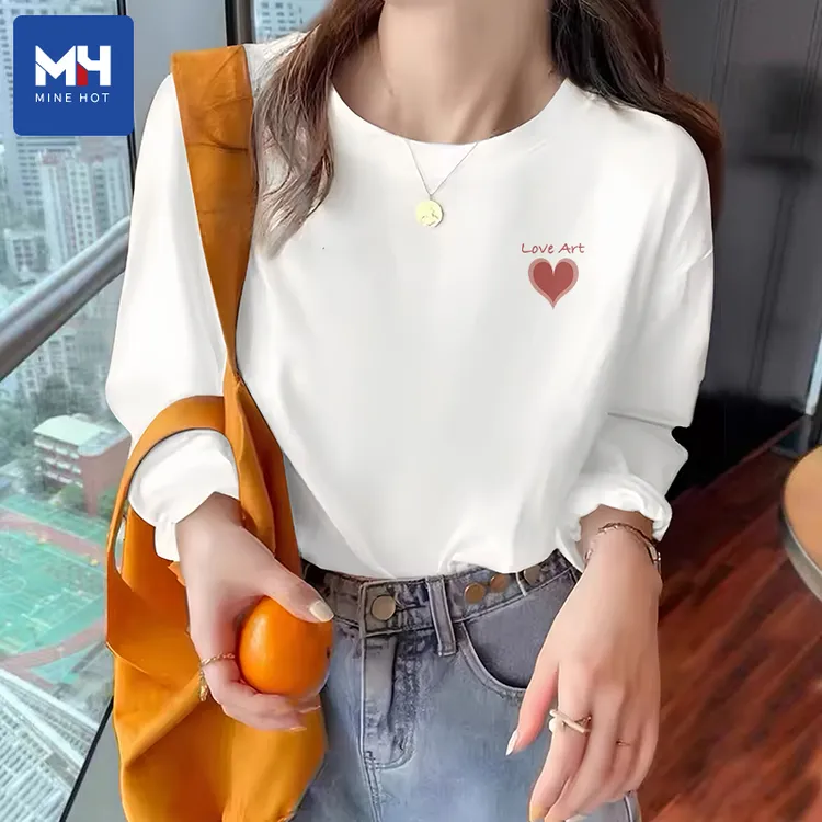 唐狮集团MH纯棉长袖t恤女2025新款春秋季白色休闲打底衫正肩上衣J