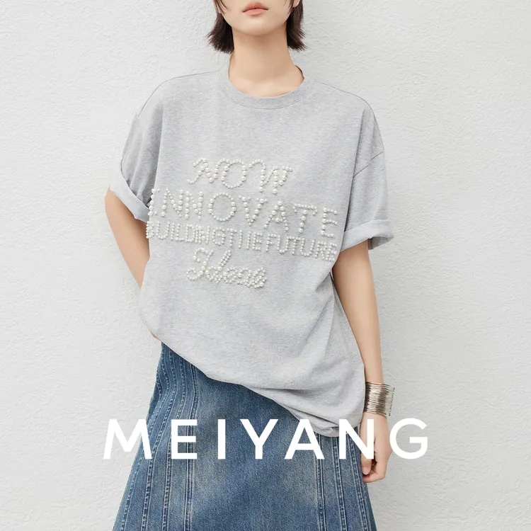 美洋MEIYANG 珠珠二号T恤【商场同款】重工钉珠字母圆领短袖