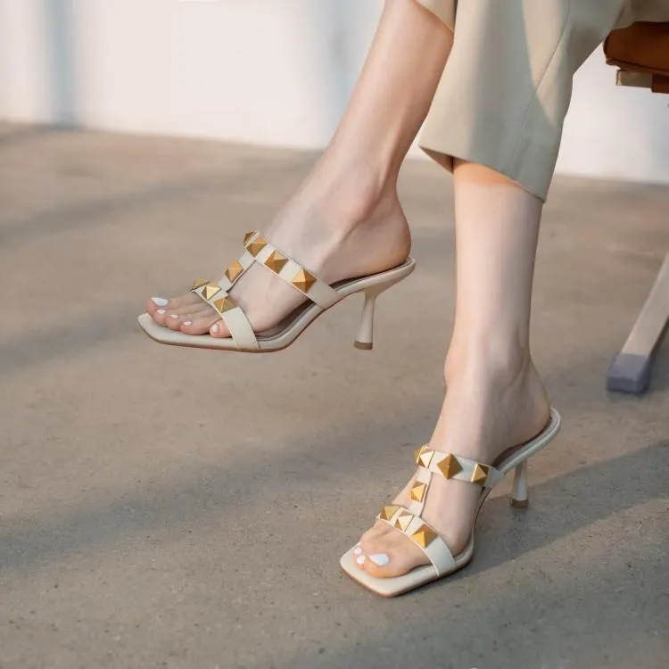 UHCK2025夏季新款韩版气质显瘦露趾铆钉高跟凉鞋女细跟一字带凉拖