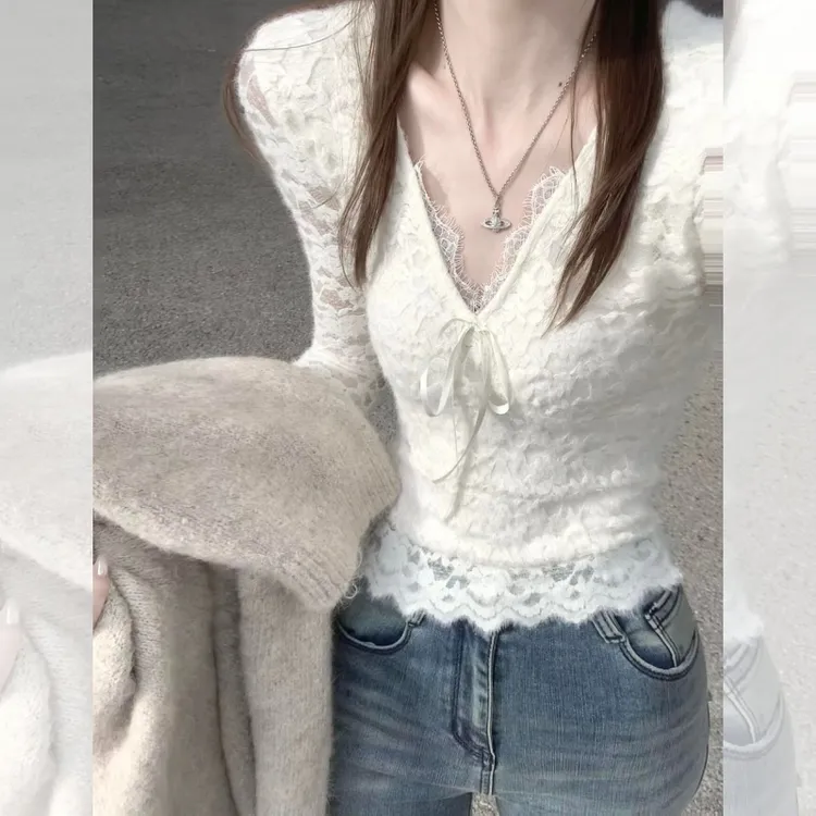 秋冬加绒加厚磨毛蕾丝打底衫女春秋叠穿皮草内搭小衫独特漂亮上衣