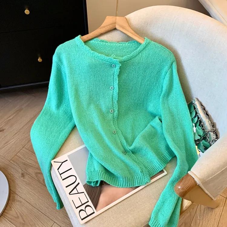薄荷漫波绿长袖针织衫女早春2025新款软糯马海毛开衫外搭防晒上衣