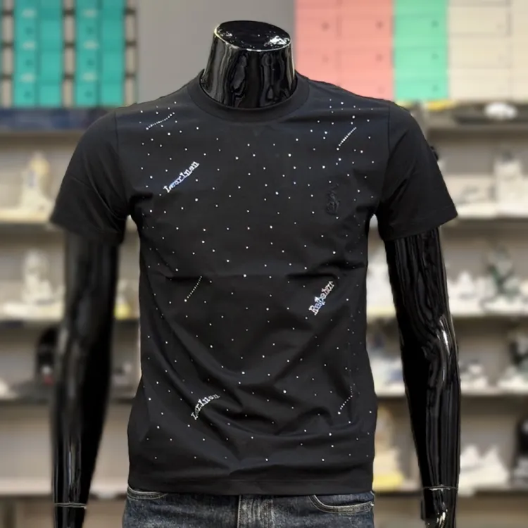 欧洲站夏季欧货个性烫钻印花男士百搭短袖T恤圆领修身潮流短袖