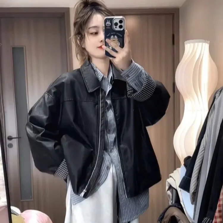 时尚感黑色皮衣外套女2025春秋季新款设计感洋气百搭PU皮夹克上衣