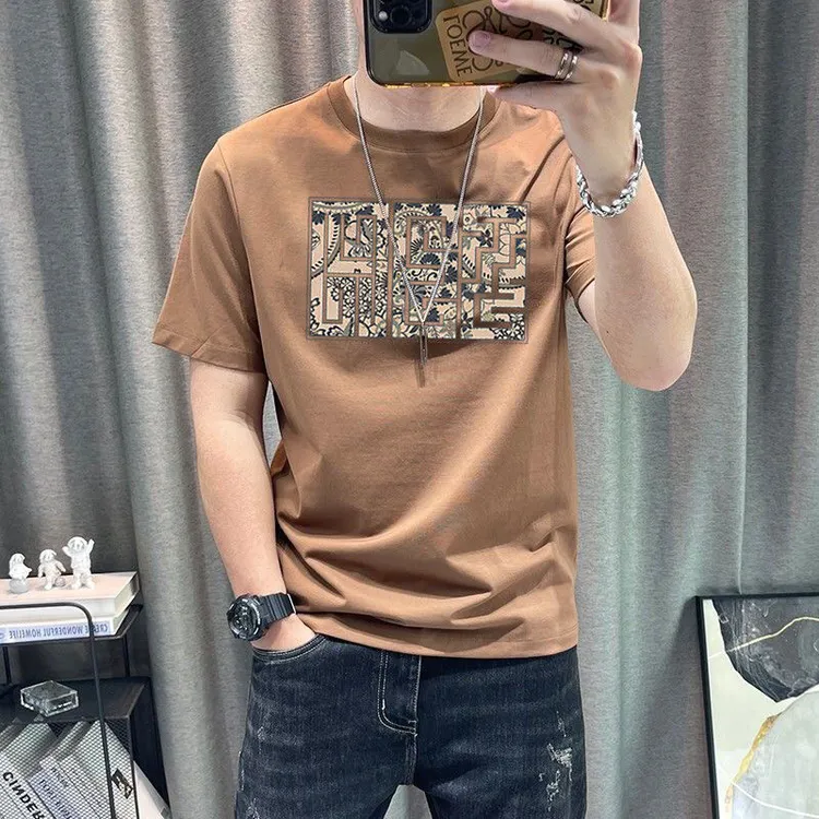 纯棉T恤夏季男士时尚潮流印花短袖打底衫休闲百搭修身圆领男装t恤