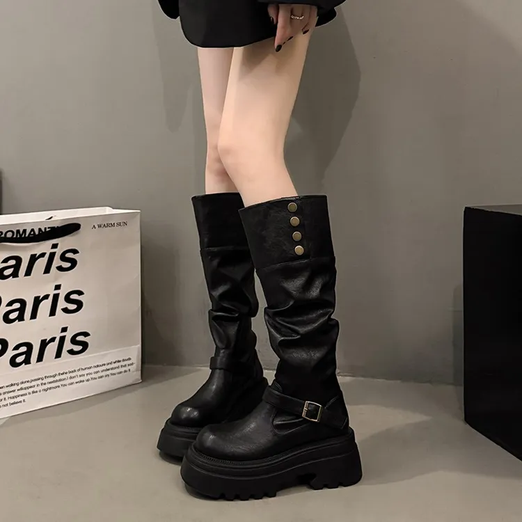 西部牛仔废土风高筒靴子女2025年秋冬新款厚底堆堆靴两穿骑士靴女