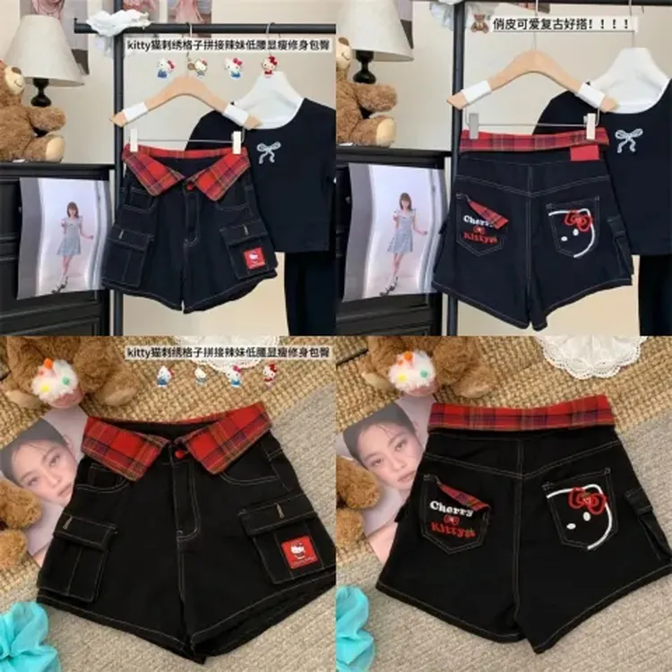 美式复古假两件格纹猫咪刺绣牛仔短裤女夏设计感小众高腰阔腿裤子