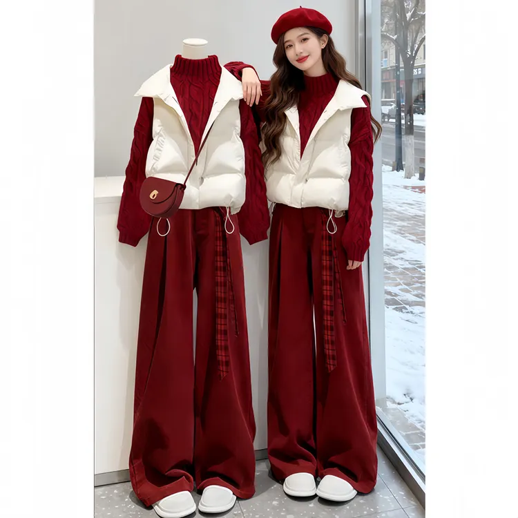 SHALLDOER【花辰夕月】新年战袍时尚套装女冬季棉服针织上衣阔腿裤