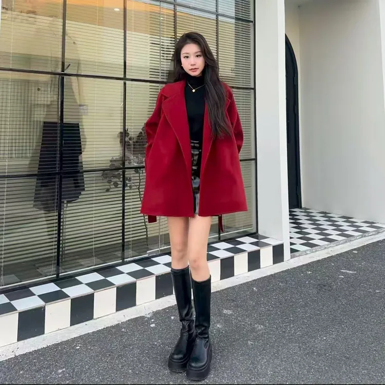 秋冬新款短款双面绒大衣女韩版小个子显高毛呢外套时尚百搭气质