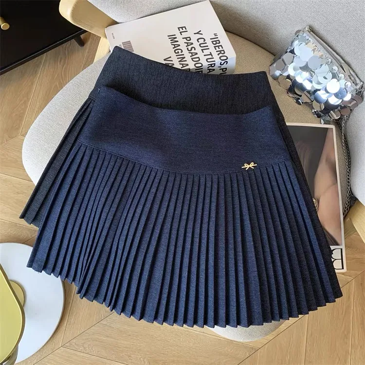 冬季牛仔蓝百褶裙学院风高腰显瘦半身裙韩系百搭防走光短裙A字裙