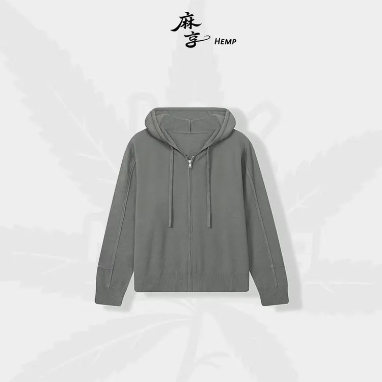 麻享【蓝调时刻】汉麻羊毛棉长袖宽松连帽针织开衫女士帽衫FSY51005