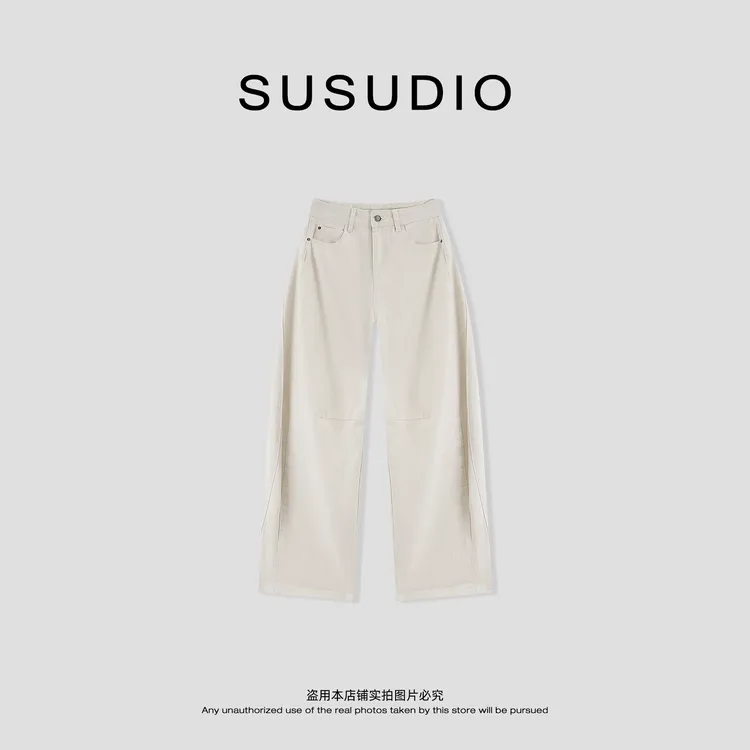 SUSUDIO 100棉 早秋美式复古宽松休闲设计感弯刀牛仔裤40666