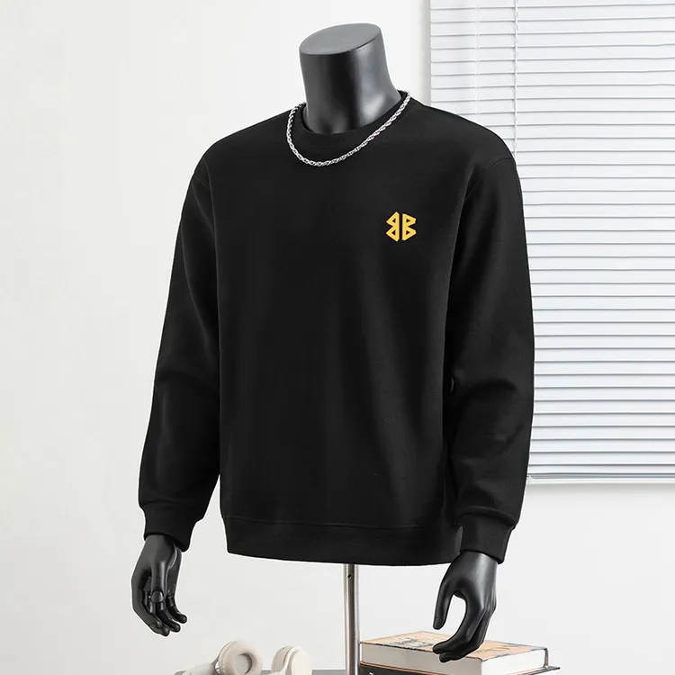 潮牌320g重磅黑色卫衣男圆领加绒保暖无帽衫高端立体印花长袖t恤