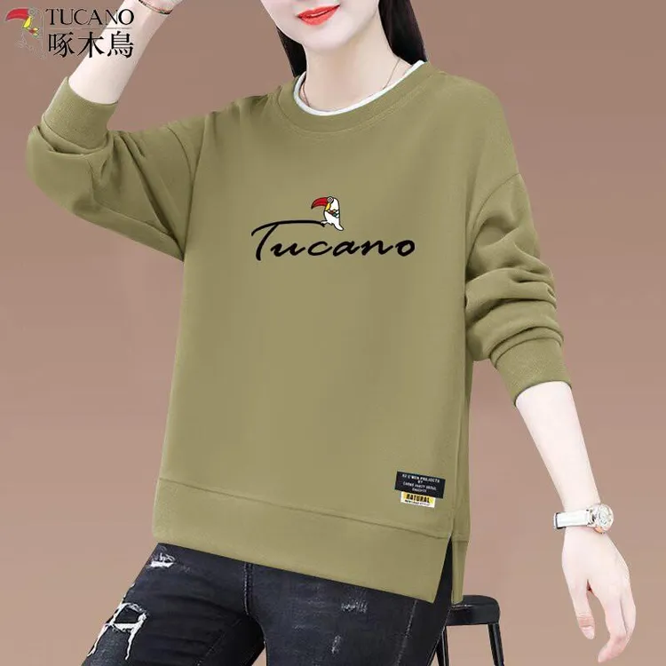 啄木鸟秋冬中年纯棉圆领卫衣女新款时尚宽松显瘦百搭减龄妈妈上衣