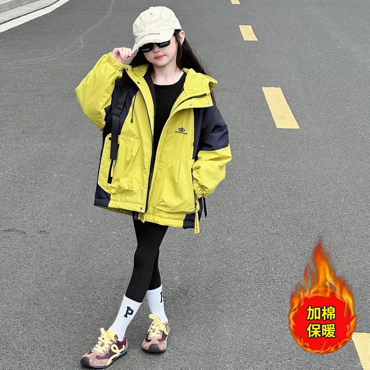 儿童装女童夹棉外套2025新款秋冬款加厚大童冬季女孩冲锋衣派克服