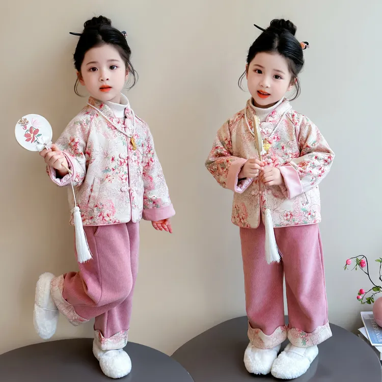 女童冬季加绒拜年服中国风儿童唐装汉服新中式加厚女宝宝礼服套装