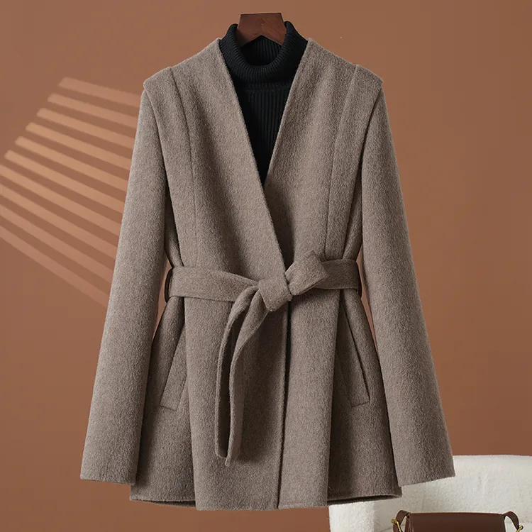 灰咖色双面羊绒大衣女V领高端短款气质羊毛呢外套秋冬新款