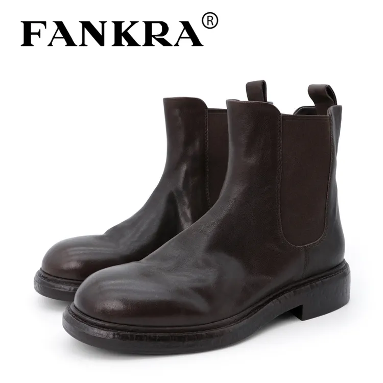 超软真皮手工烟筒靴女秋冬圆头褶皱马丁靴复古做旧粗跟切尔西短靴