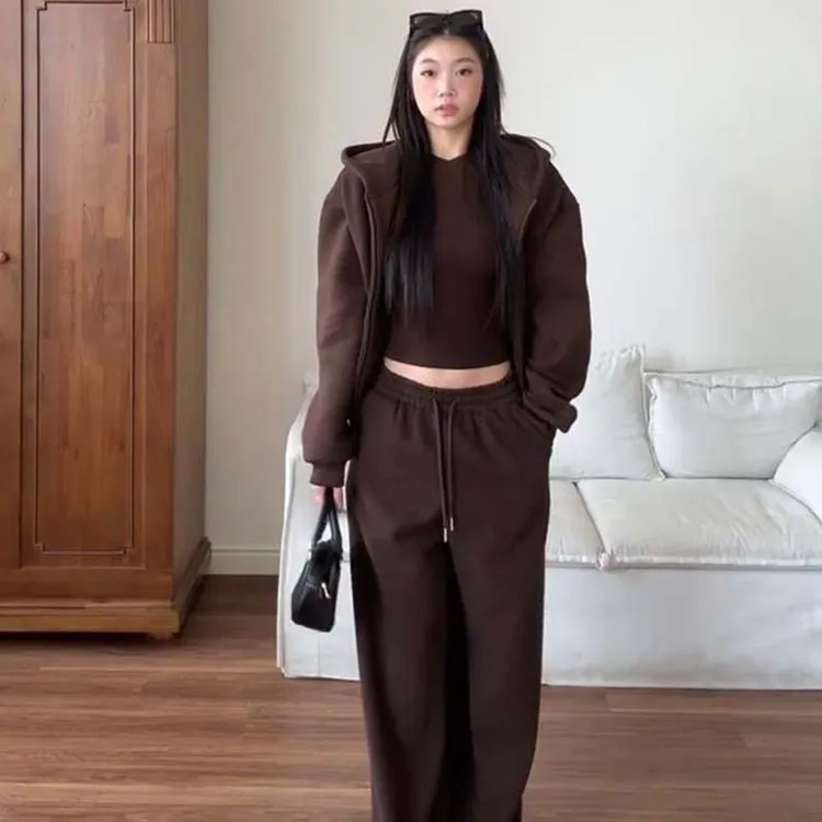 加绒秋冬时尚宽松休闲运动套装女咖啡色连帽卫衣卫裤慵懒风两件套