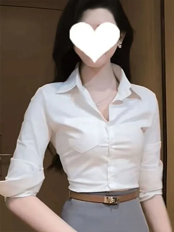 春夏新款高级感薄款Polo领长袖修身收腰气质女装衬衫