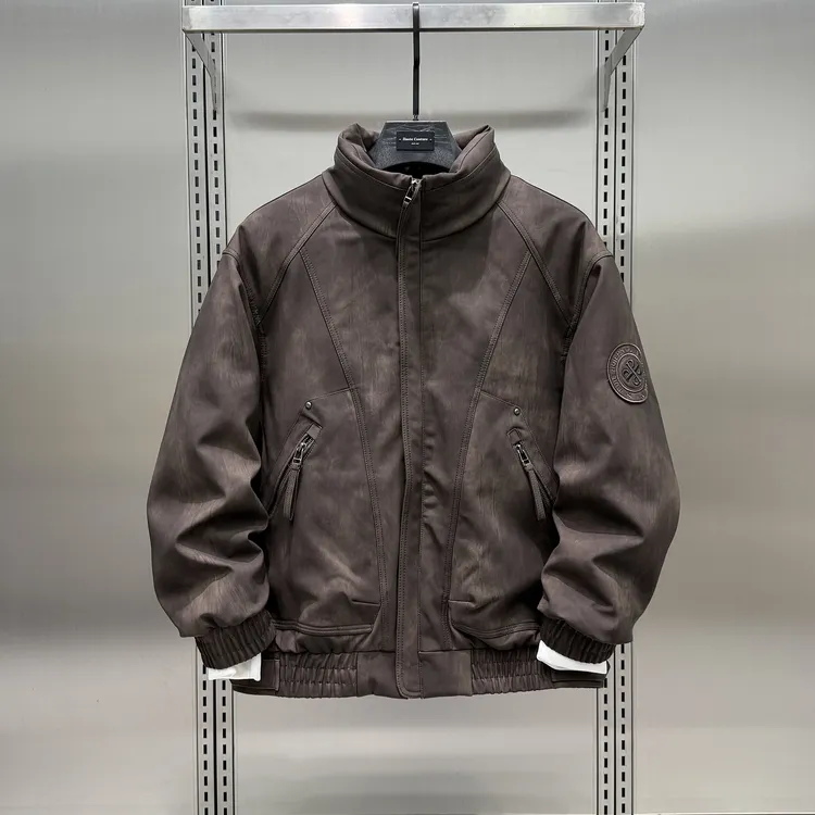 重磅2025冬季新款潮流立领机车皮衣羽绒服男轻奢复古PU皮防风外套