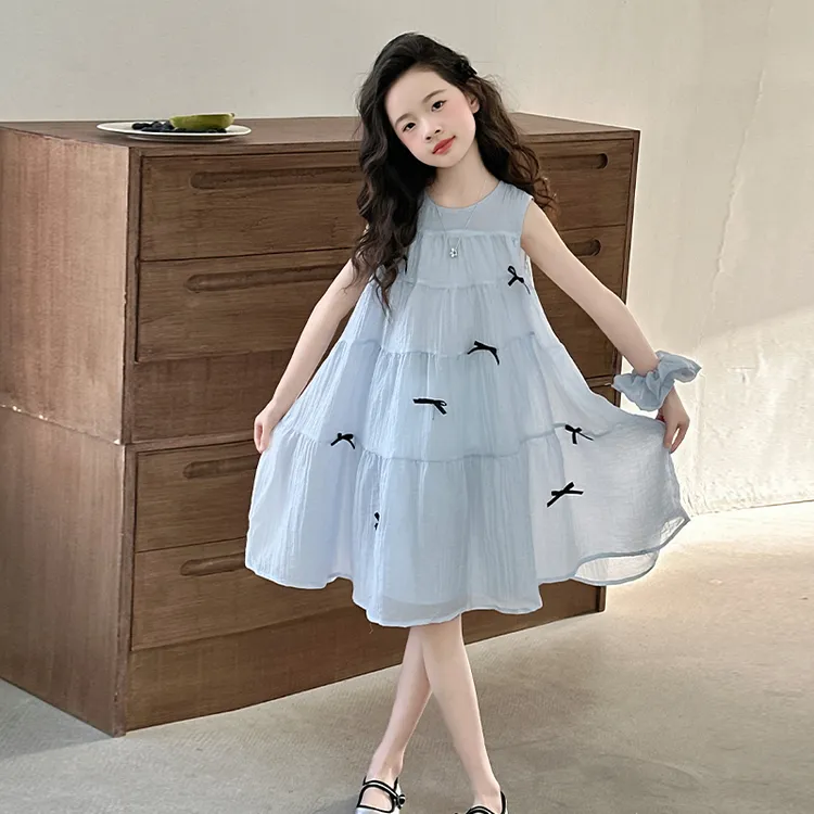 女童连衣裙夏季2025新款甜美风公主裙女孩漂亮夏装蝴蝶结无袖裙子