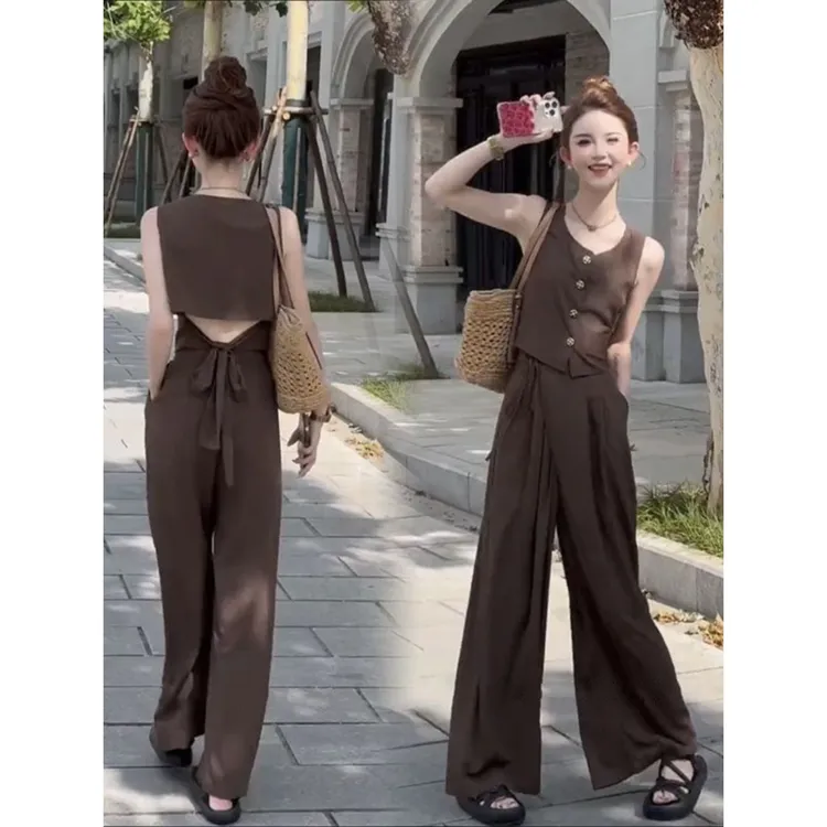 网红同款时尚套装女2025夏季新款纯色单排扣系带国风套装女夏季
