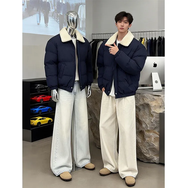 藏青色羊羔绒翻领棉服男款冬季美式复古短款棉衣加厚保暖棉袄外套