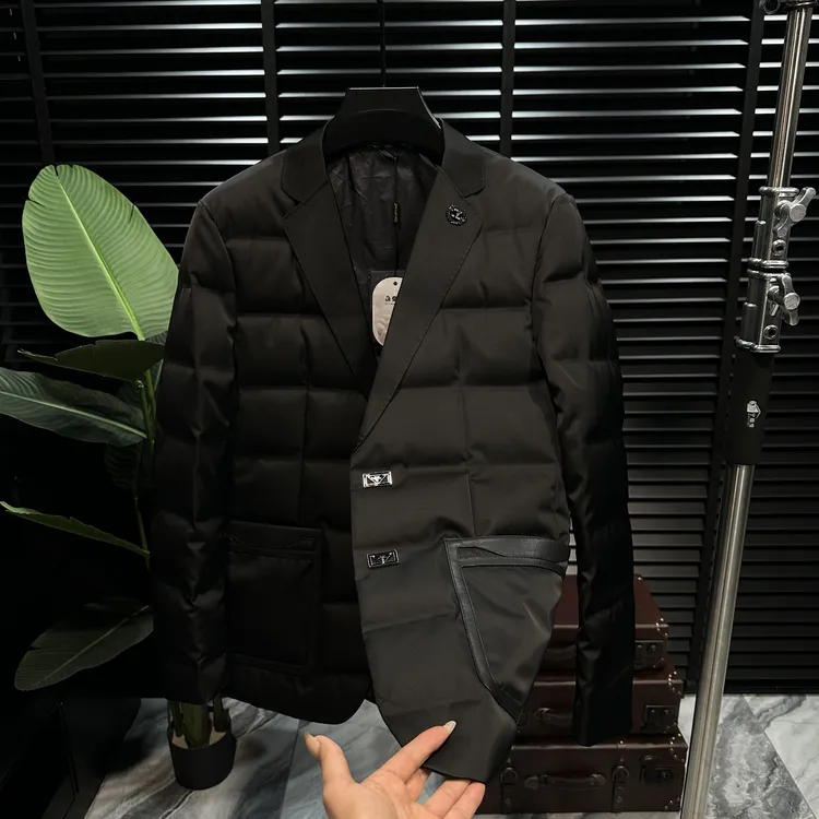 冬季新款高奢男士真皮拼接桑蚕丝西装领鹅绒西服外套