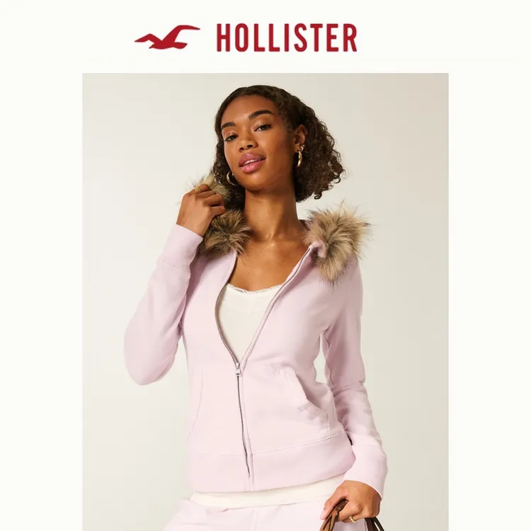 Hollister25秋冬新款美式辣妹抓绒毛领连帽卫衣外套女装352-5236