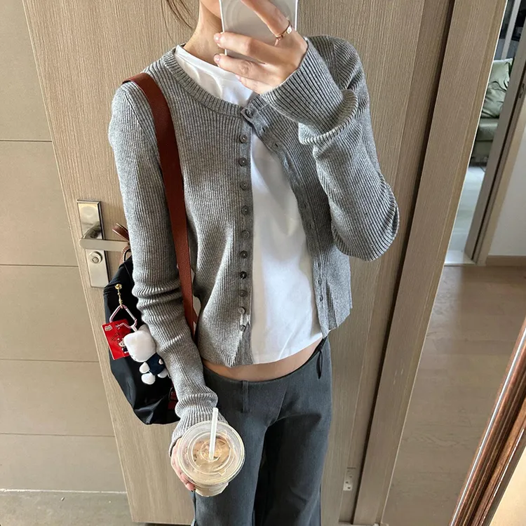 灰色甜美长袖单排针织开衫外套女秋装修身显瘦小个子短款外搭上衣