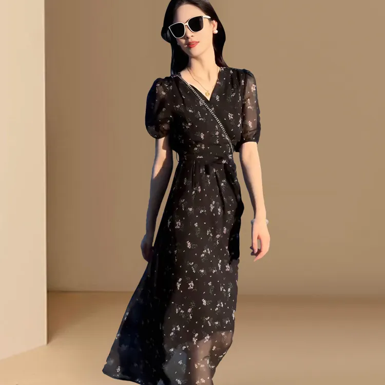 时尚洋气连衣裙女夏季新款高级感法式碎花仙女裙雪纺长裙子潮