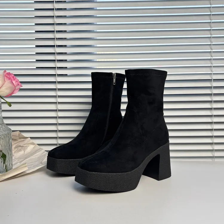 时装靴秋冬冬季高跟厚底女鞋弹力靴方头鞋子弹力瘦瘦靴短靴穿搭