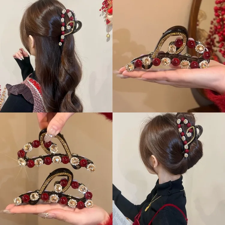 熹金 新款安哥拉红色珠珠发夹高级感鲨鱼夹气质优雅马尾夹女发饰