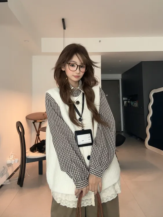 2025秋季百搭南瓜型米白色针织开衫马甲女格纹花边衬衫两件套装