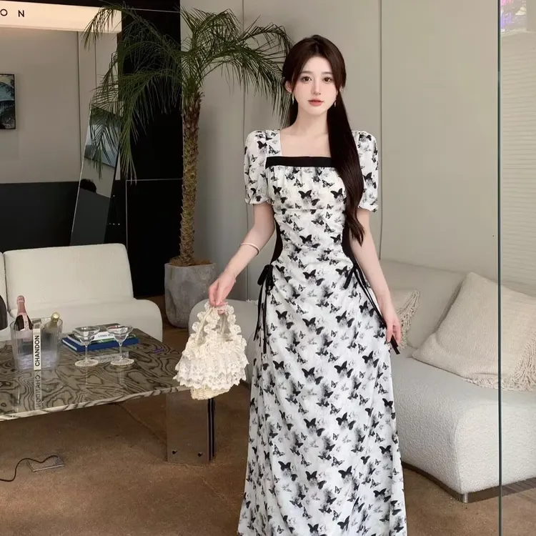 跨境2025夏季新款甜美清新风新中式国韵水墨写意抹胸短袖显瘦中长