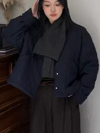 3732秋冬新款韩版菱格简约配围巾短外套女小个子气质显瘦百搭棉服