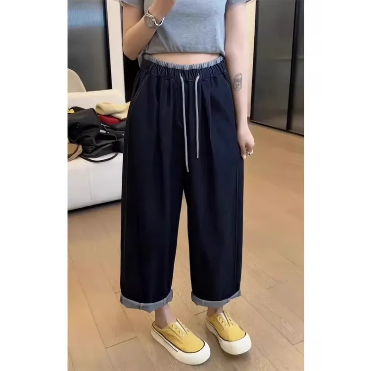 春夏新款抽绳阔腿裤女微胖宽松显瘦潮流百搭松紧高腰牛仔裤小个子