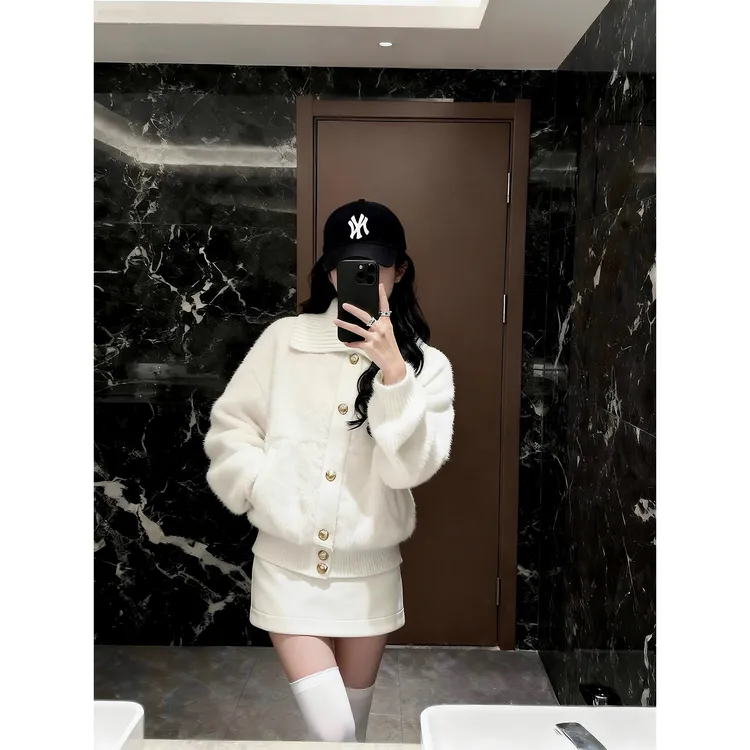 韩系甜美软糯大翻领针织开衫慵懒一体短款外套半身裙短裙包臀裙女