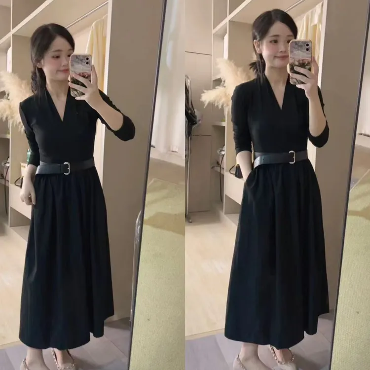 小个子V领气质黑色连衣裙配腰带8921