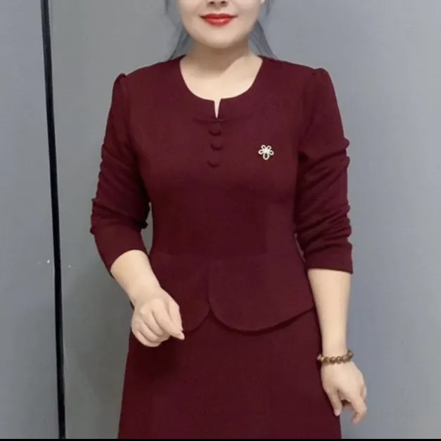 秋冬c205新款妈妈装洋气优雅显瘦假两件圆领中长连衣裙百搭中老年