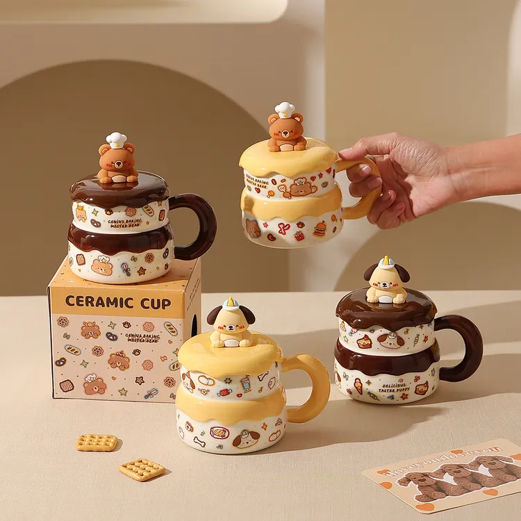 创意蛋糕马克杯带盖陶瓷喝水杯女生高颜值家用可爱卡通杯子办公室