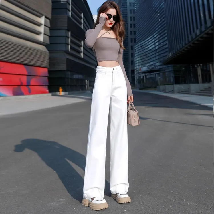 白色阔腿牛仔裤女高端直筒窄版垂感2025春季新款高腰显瘦拖地长裤