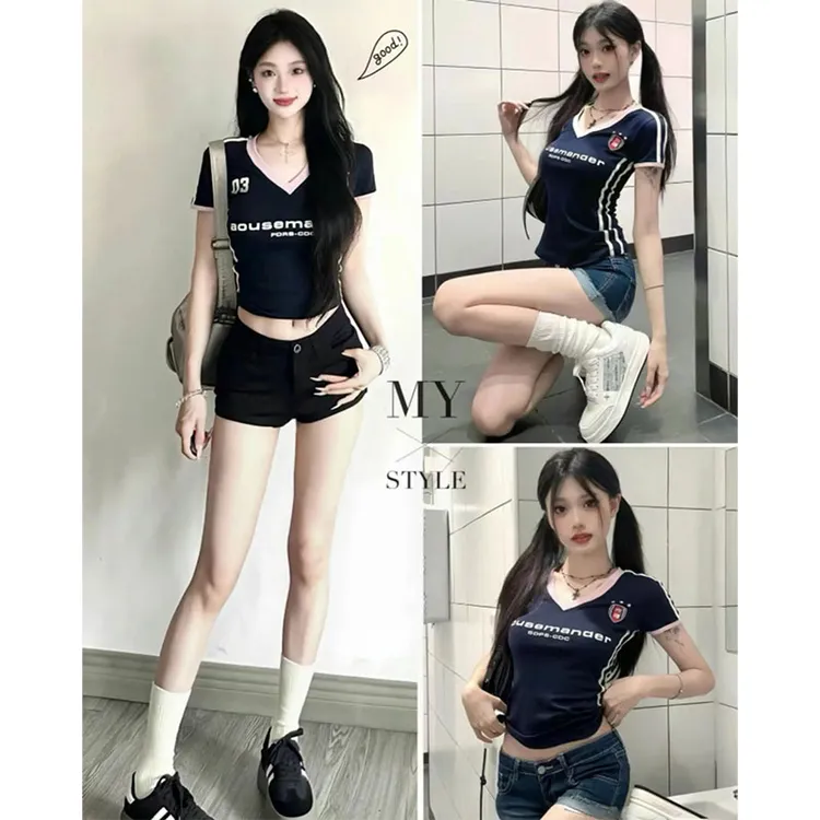 莲叶复古辣妹纯欲风领撞色短袖恤胖修身显瘦