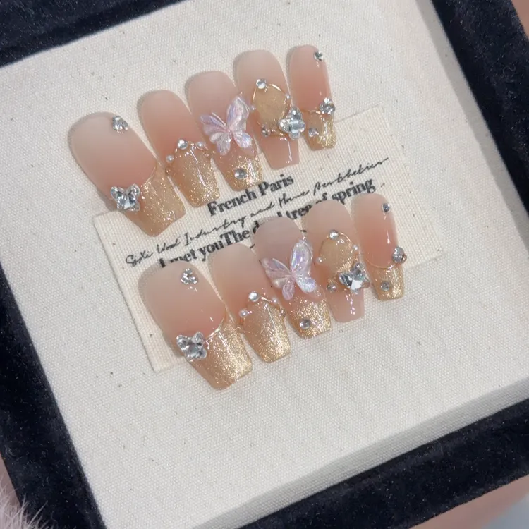 纯手工光疗穿戴甲爆闪蝴蝶批发成品重复使用美甲贴片可拆卸成品