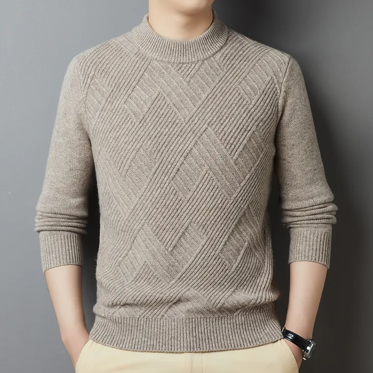 【100%羊毛衫】加厚冬季男士保暖修身提花加厚套头羊毛衫