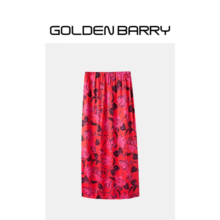 GOLDENBARRY红底油画风缎面印花半裙310155