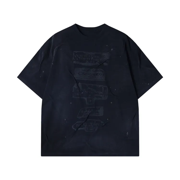 夏季高级感新款美式做旧褶皱印花字母圆领短袖T恤嘻哈痞帅上衣